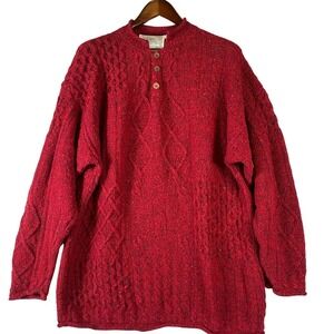 Irish Donegal Wool Fisherman Sweater Women L Red Cable Knit Aran Pullover Button